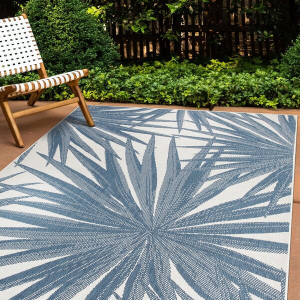 World Rug Gallery Tropical Leaves Nature Inspired Indoor/Outdoor Area Rug 5' x 7' Blue 4030BLUE5X7 - main